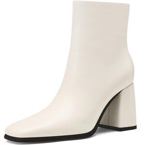 Women's Off-white Faux Leather Block Heel Booties